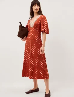 Jersey Polka Dot V-Neck Midi Skater Dress