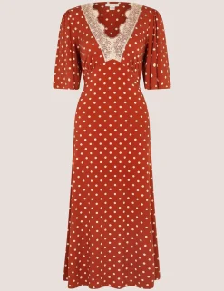 Jersey Polka Dot V-Neck Midi Skater Dress