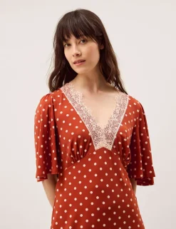 Jersey Polka Dot V-Neck Midi Skater Dress