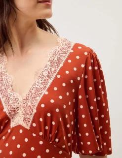 Jersey Polka Dot V-Neck Midi Skater Dress