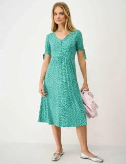 Jersey Polka Dot V-Neck Tie Cuff Tea Dress