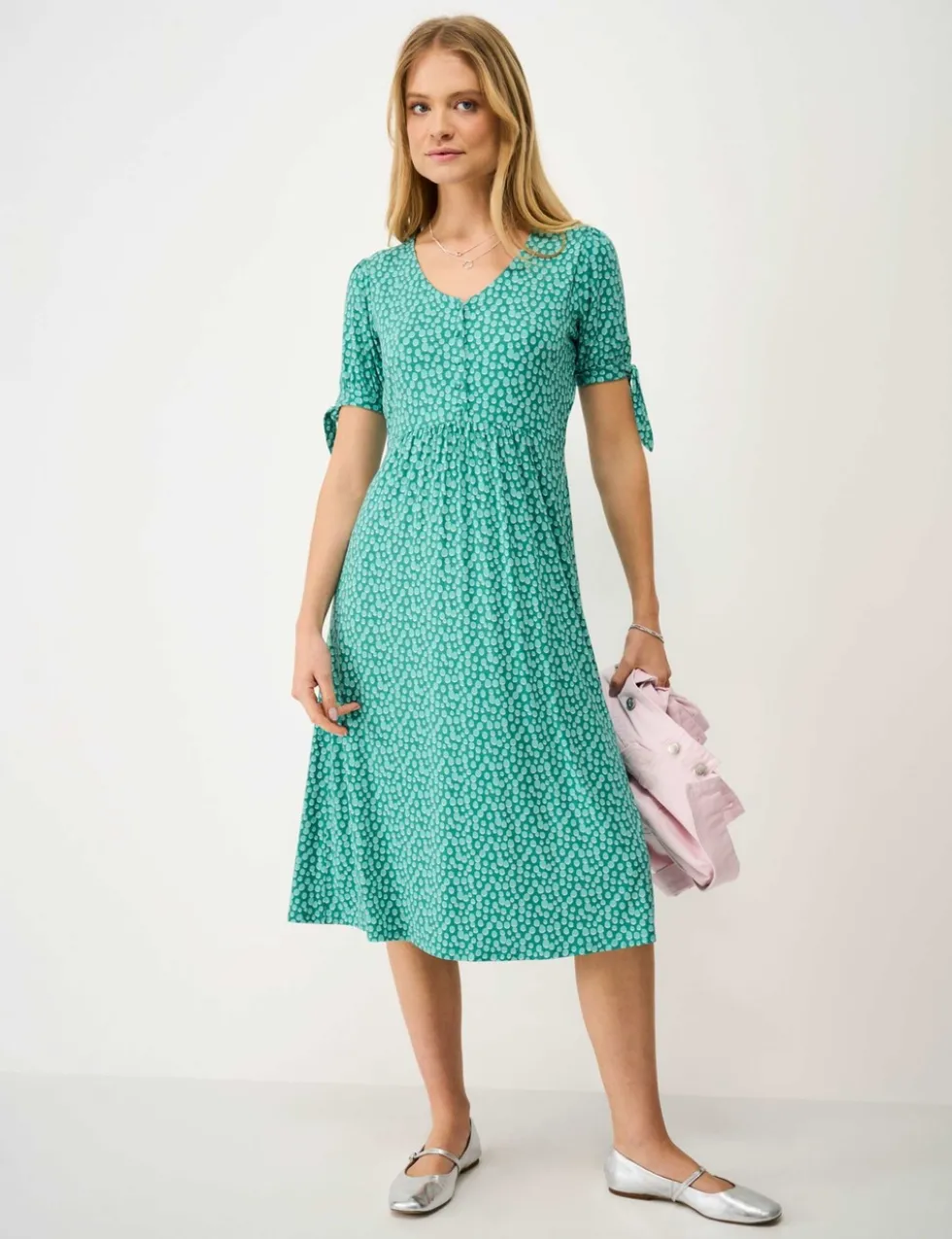 Jersey Polka Dot V-Neck Tie Cuff Tea Dress