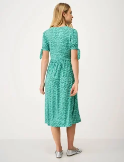 Jersey Polka Dot V-Neck Tie Cuff Tea Dress