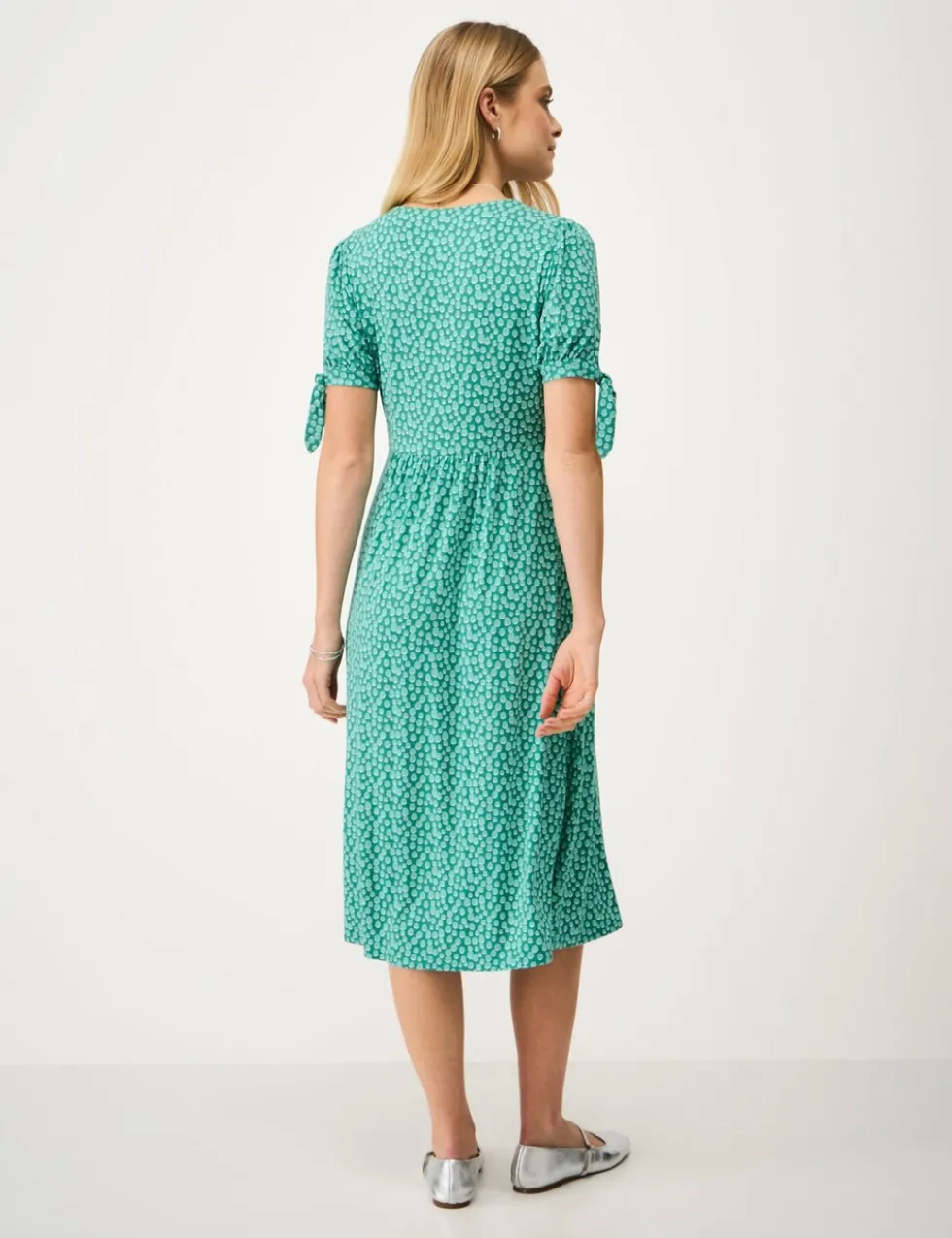 Jersey Polka Dot V-Neck Tie Cuff Tea Dress
