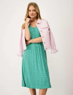 Jersey Polka Dot V-Neck Tie Cuff Tea Dress