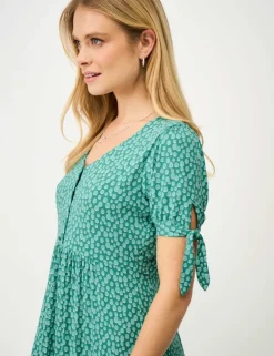 Jersey Polka Dot V-Neck Tie Cuff Tea Dress