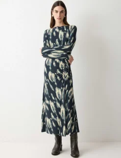 Jersey Printed Ruched Midi Column Dress