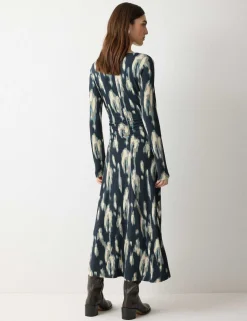 Jersey Printed Ruched Midi Column Dress