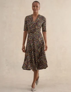 Jersey Printed V-Neck Midi Skater Dress