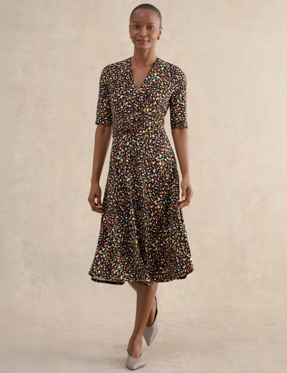 Jersey Printed V-Neck Midi Skater Dress