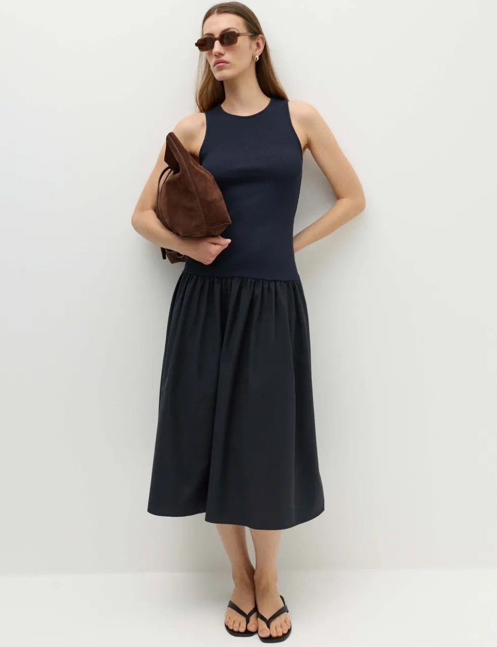 Jersey Ribbed Midi Drop Waist Dress