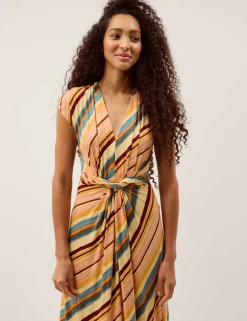 Jersey Striped V-Neck Midi Waisted Dress