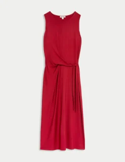 Jersey Tie Waist Midi Waisted Dress