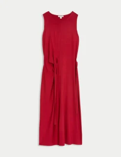 Jersey Tie Waist Midi Waisted Dress