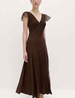Jersey V-Neck Lace Panel Midaxi Column Dress