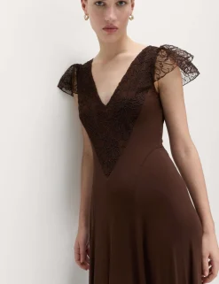 Jersey V-Neck Lace Panel Midaxi Column Dress