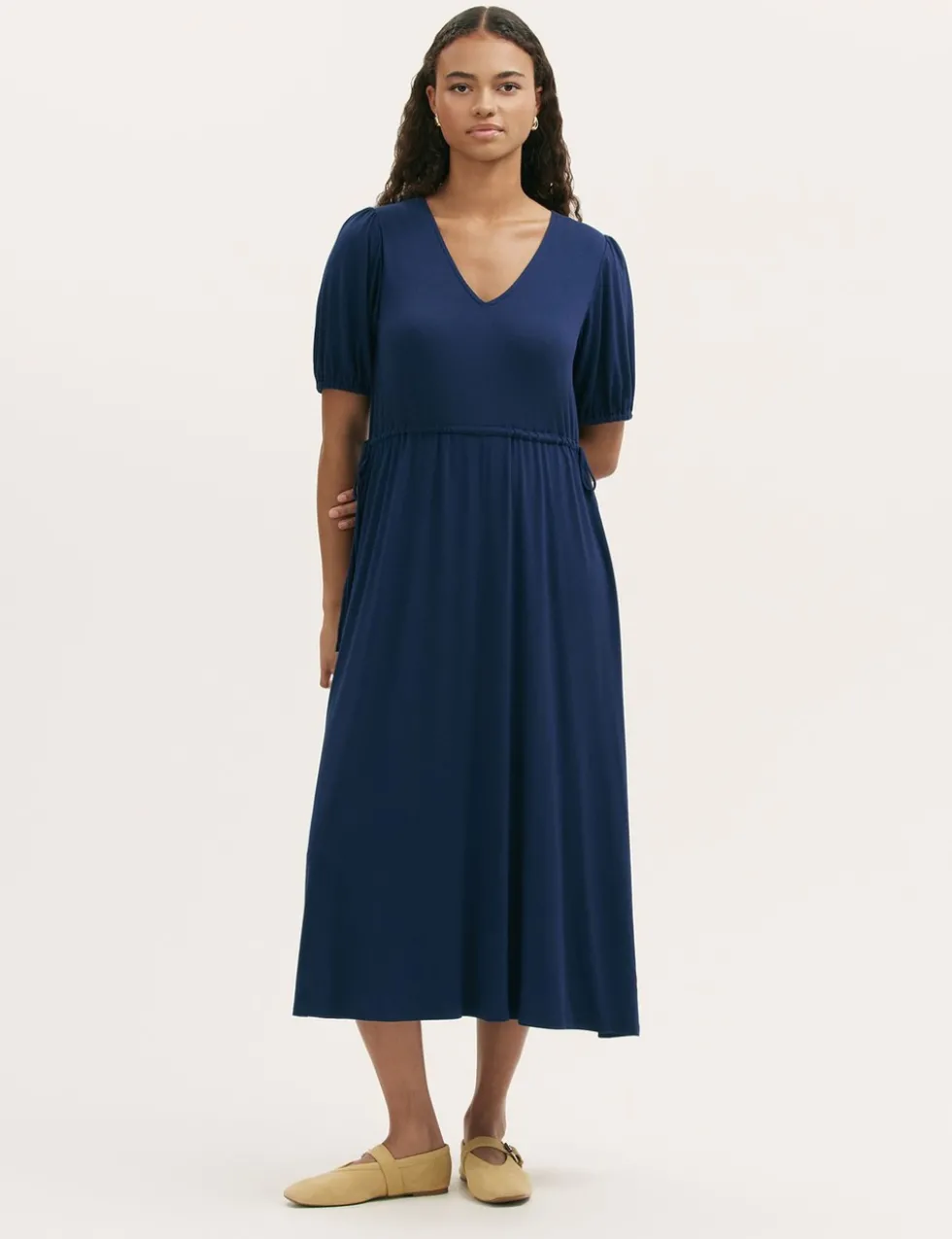 Jersey V-Neck Midi Waisted Dress