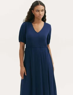 Jersey V-Neck Midi Waisted Dress