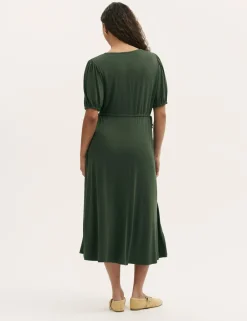 Jersey V-Neck Midi Waisted Dress