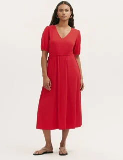 Jersey V-Neck Midi Waisted Dress