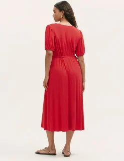 Jersey V-Neck Midi Waisted Dress
