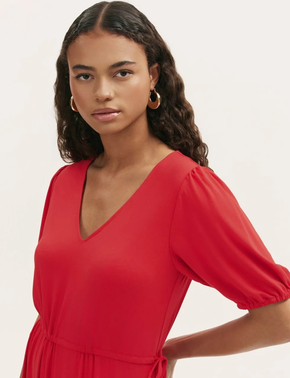 Jersey V-Neck Midi Waisted Dress
