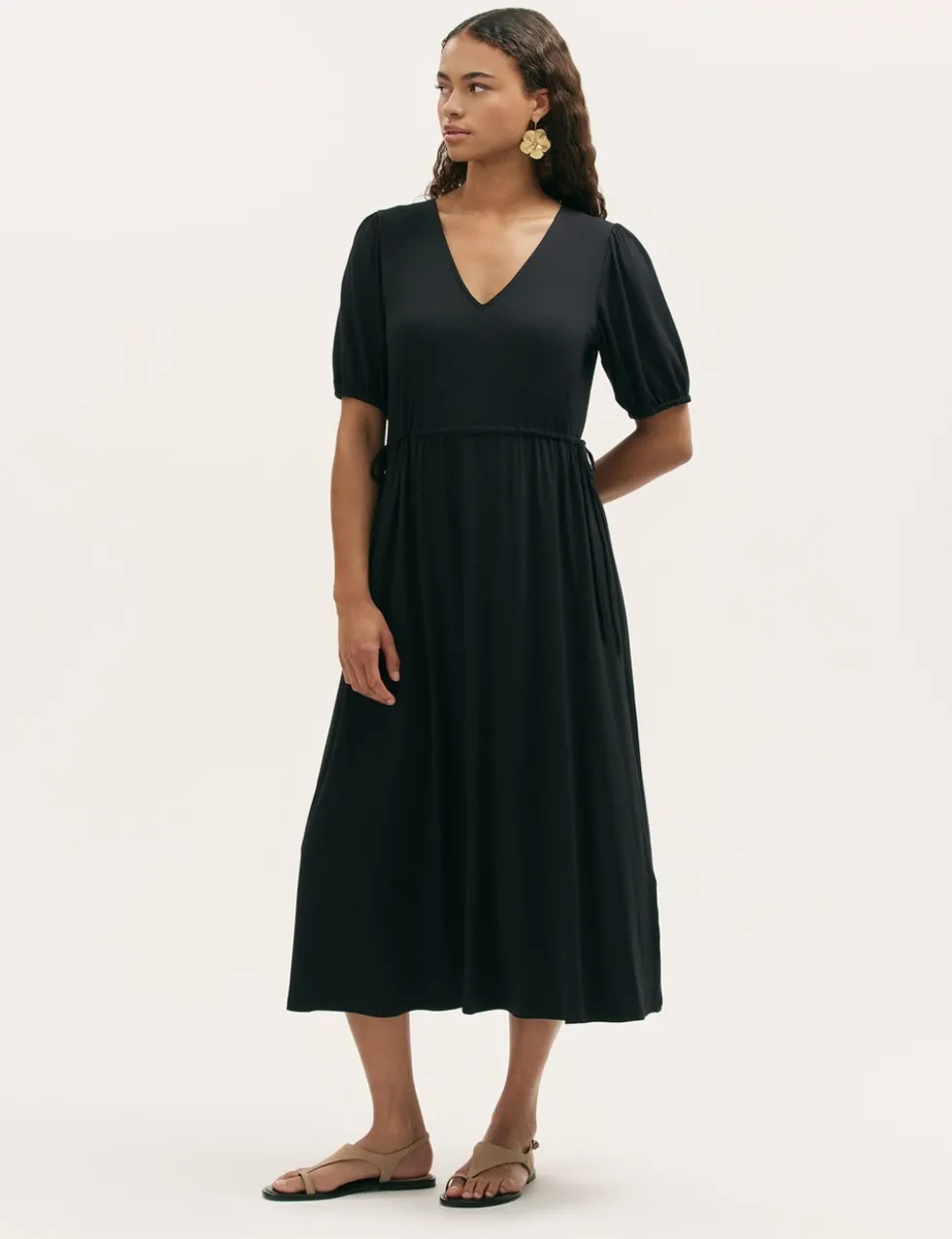 Jersey V-Neck Midi Waisted Dress