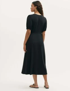 Jersey V-Neck Midi Waisted Dress