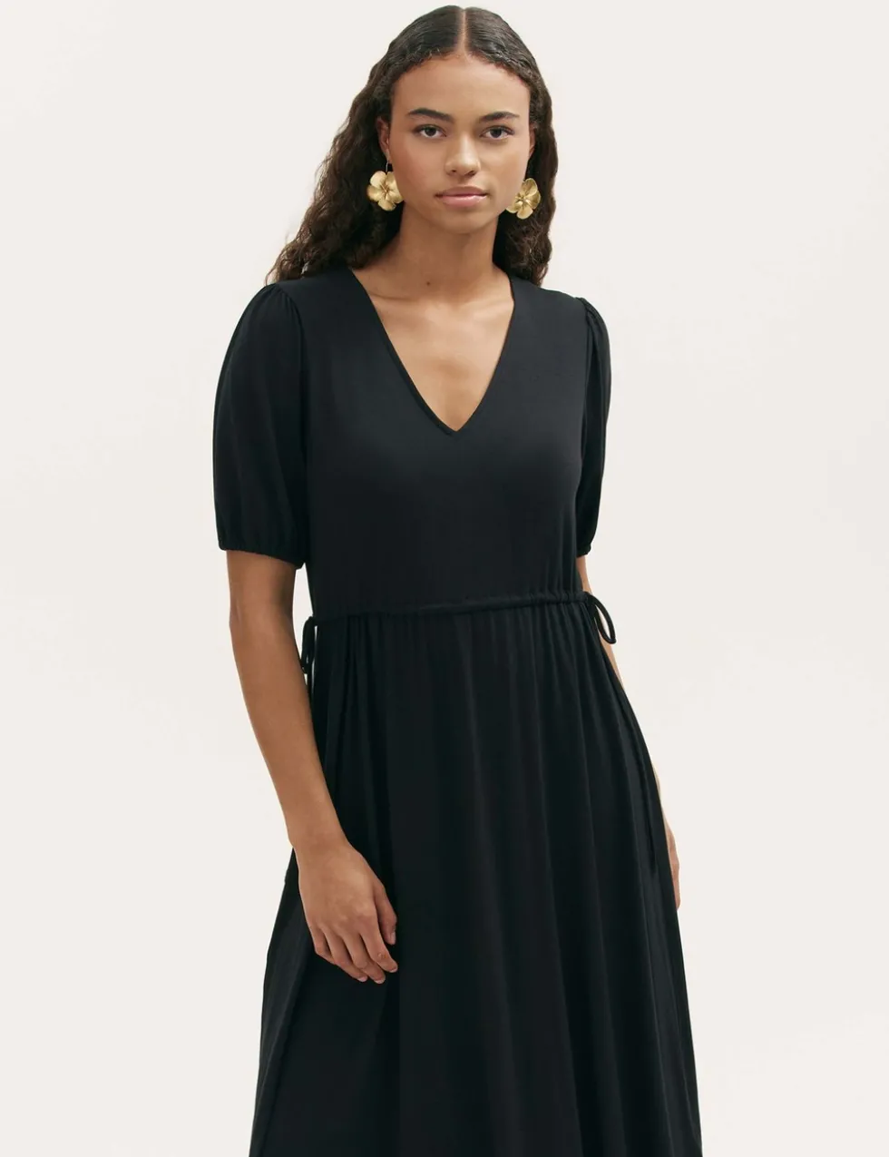 Jersey V-Neck Midi Waisted Dress