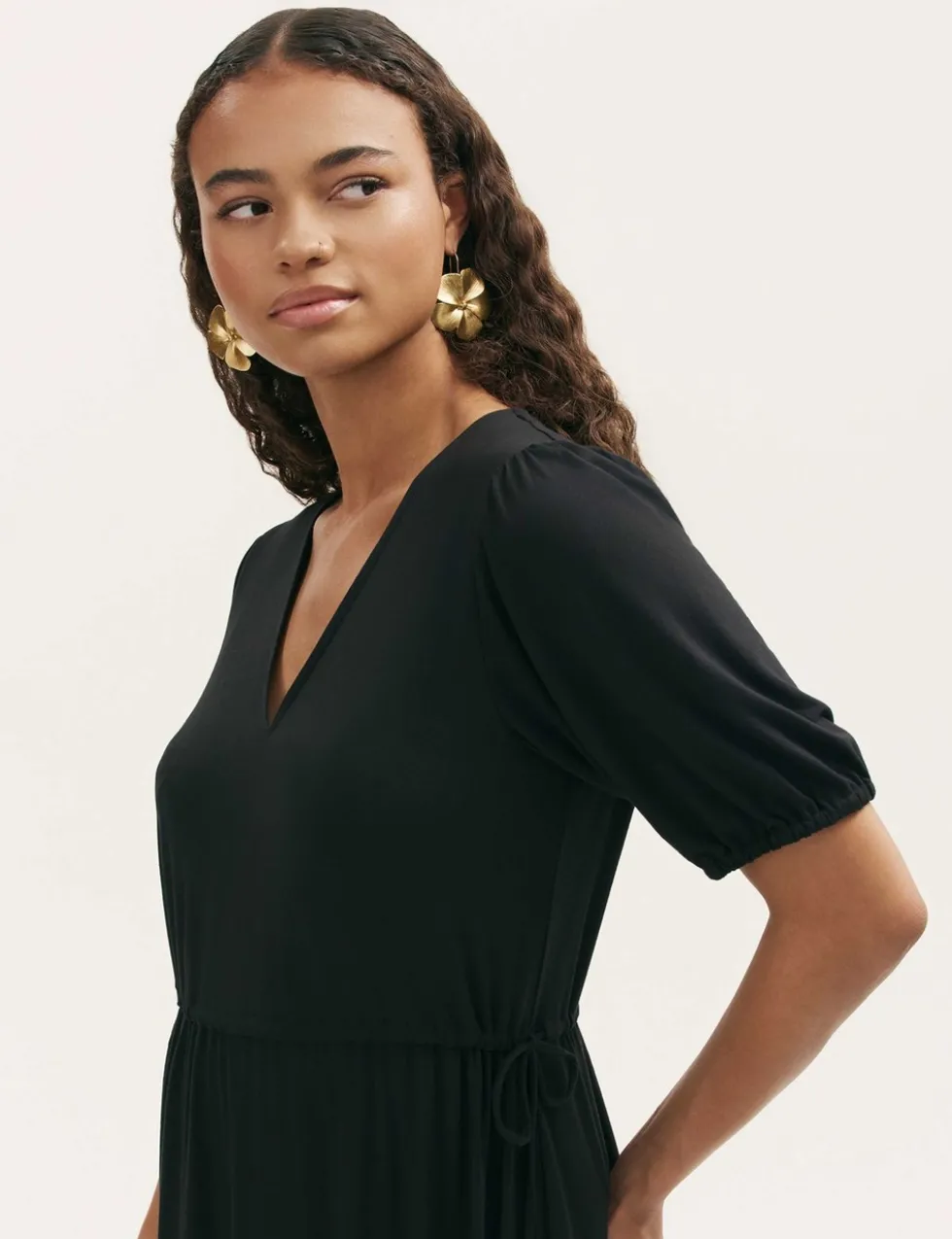 Jersey V-Neck Midi Waisted Dress