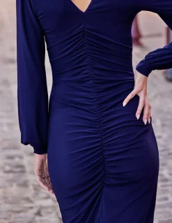 Jersey V-Neck Ruched Midi Bodycon Dress