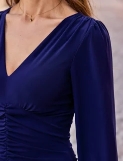 Jersey V-Neck Ruched Midi Bodycon Dress