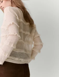 Knitted Crew Neck Ruffle Jumper with Mohair