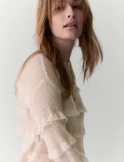 Knitted Crew Neck Ruffle Jumper with Mohair