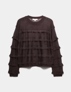 Knitted Crew Neck Ruffle Jumper with Mohair