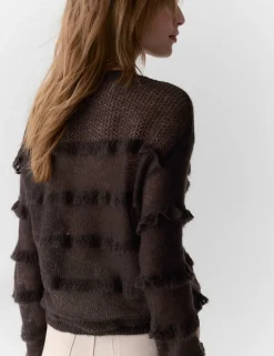 Knitted Crew Neck Ruffle Jumper with Mohair