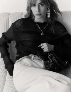 Knitted Crew Neck Ruffle Jumper with Mohair
