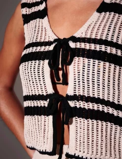 Knitted Striped V-Neck Tie Detail Vest