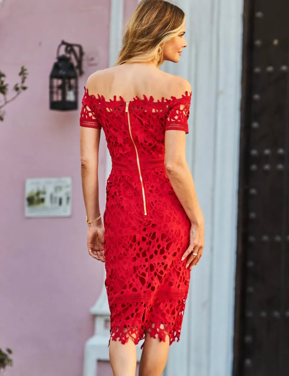 Lace Bardot Midi Column Dress