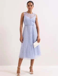 Lace Belted Midi Shift Dress
