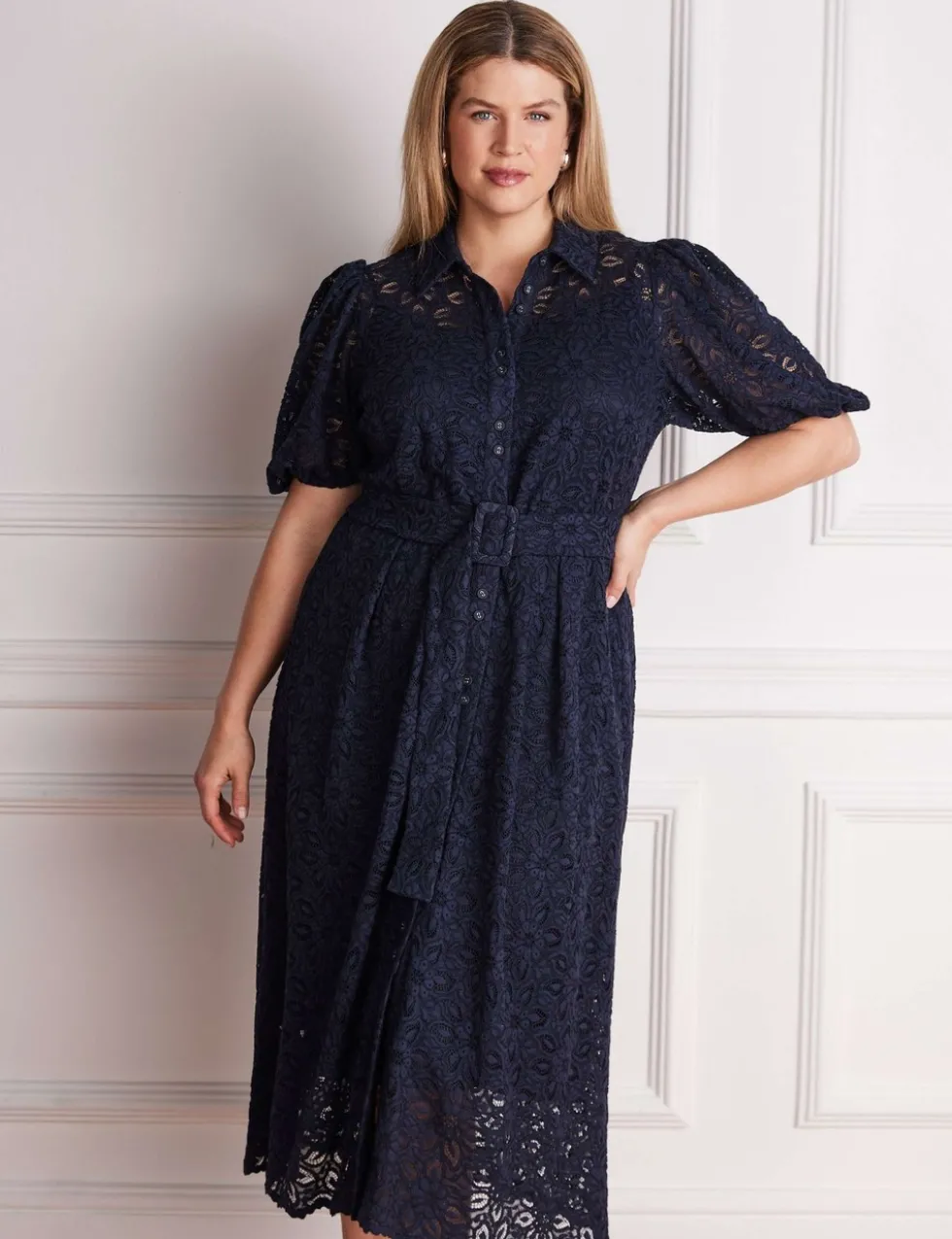 Lace Belted Puff Sleeve Midi Shirt Dress