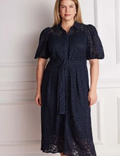 Lace Belted Puff Sleeve Midi Shirt Dress
