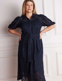 Lace Belted Puff Sleeve Midi Shirt Dress