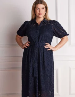 Lace Belted Puff Sleeve Midi Shirt Dress