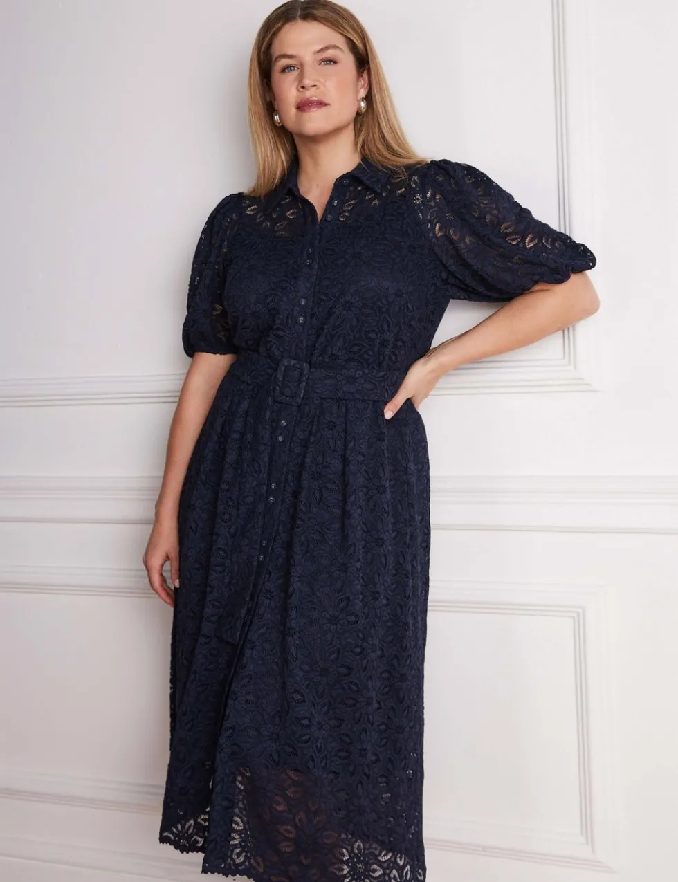 Lace Belted Puff Sleeve Midi Shirt Dress