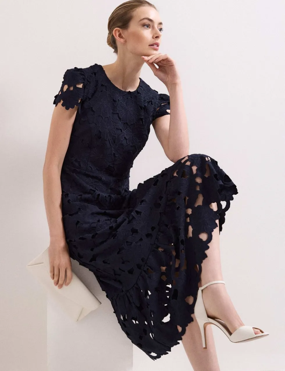 Lace Cutwork Detail Midi Skater Dress