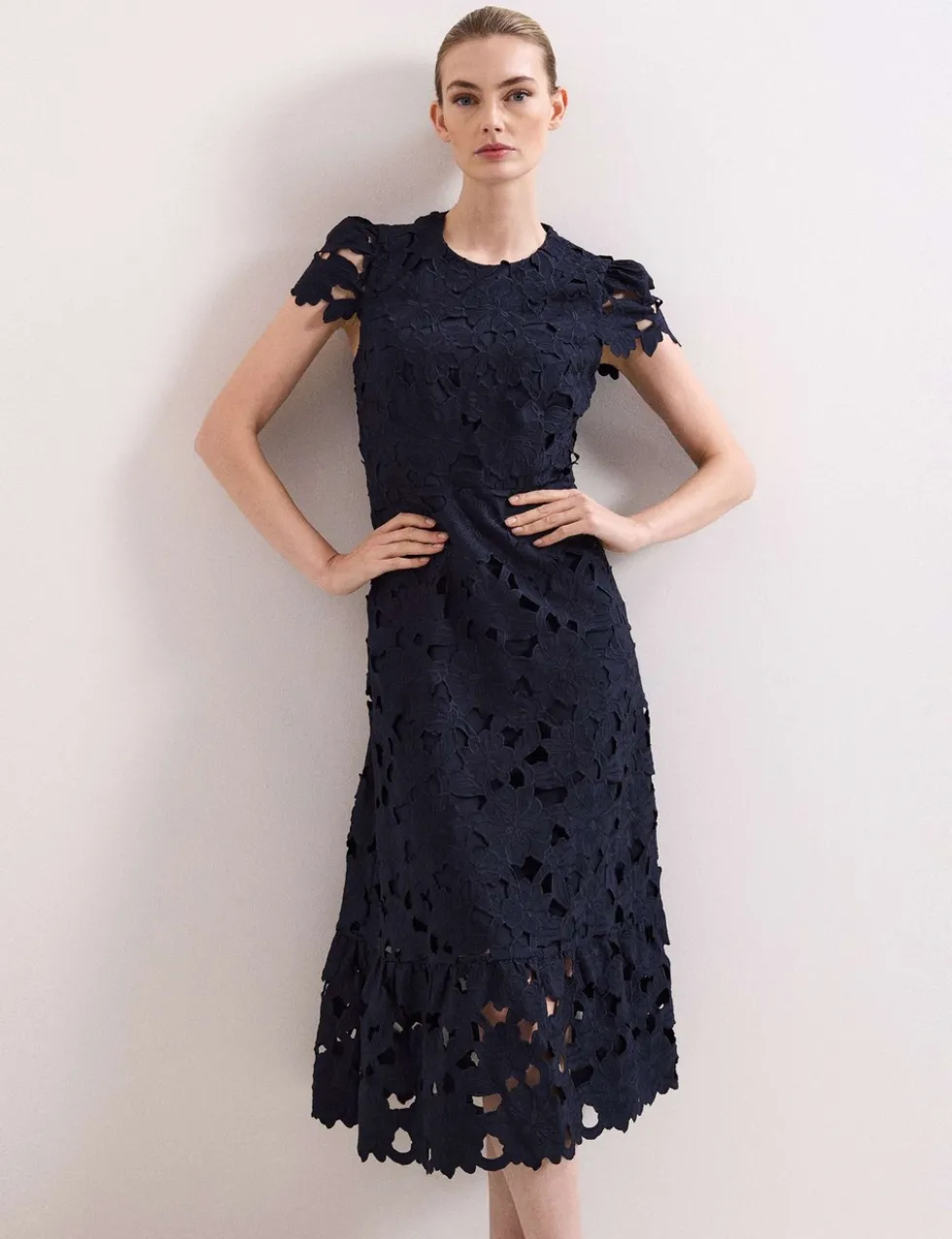 Lace Cutwork Detail Midi Skater Dress