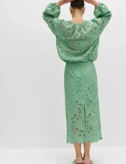 Lace Cutwork Detail Midi Pencil Skirt