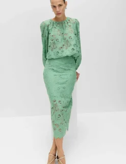 Lace Cutwork Detail Midi Pencil Skirt