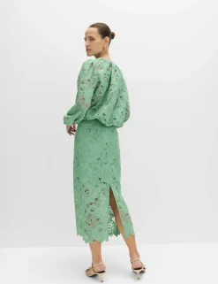 Lace Cutwork Detail Midi Pencil Skirt